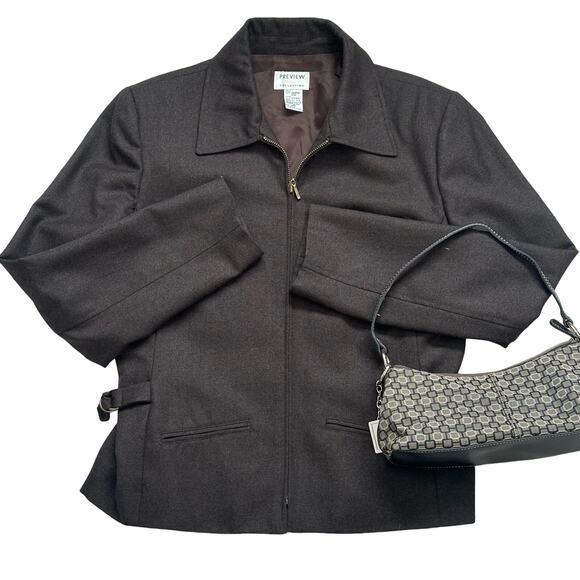 Vintage Preview Collection Brown Worsted Wool Utility Jacket Lined Brass Buckle - Picture 1 of 9